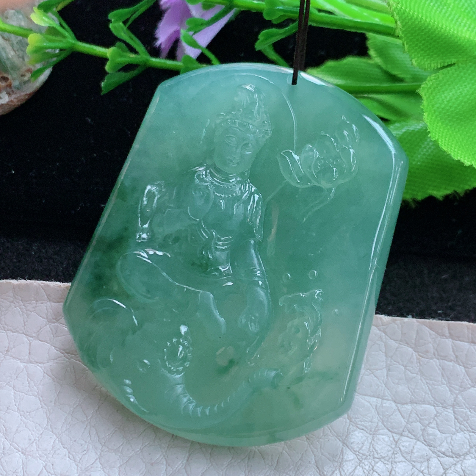 Ktj实拍50*40.2*6天然缅甸翡翠a货冰透普贤观音菩守护神菩萨吊坠