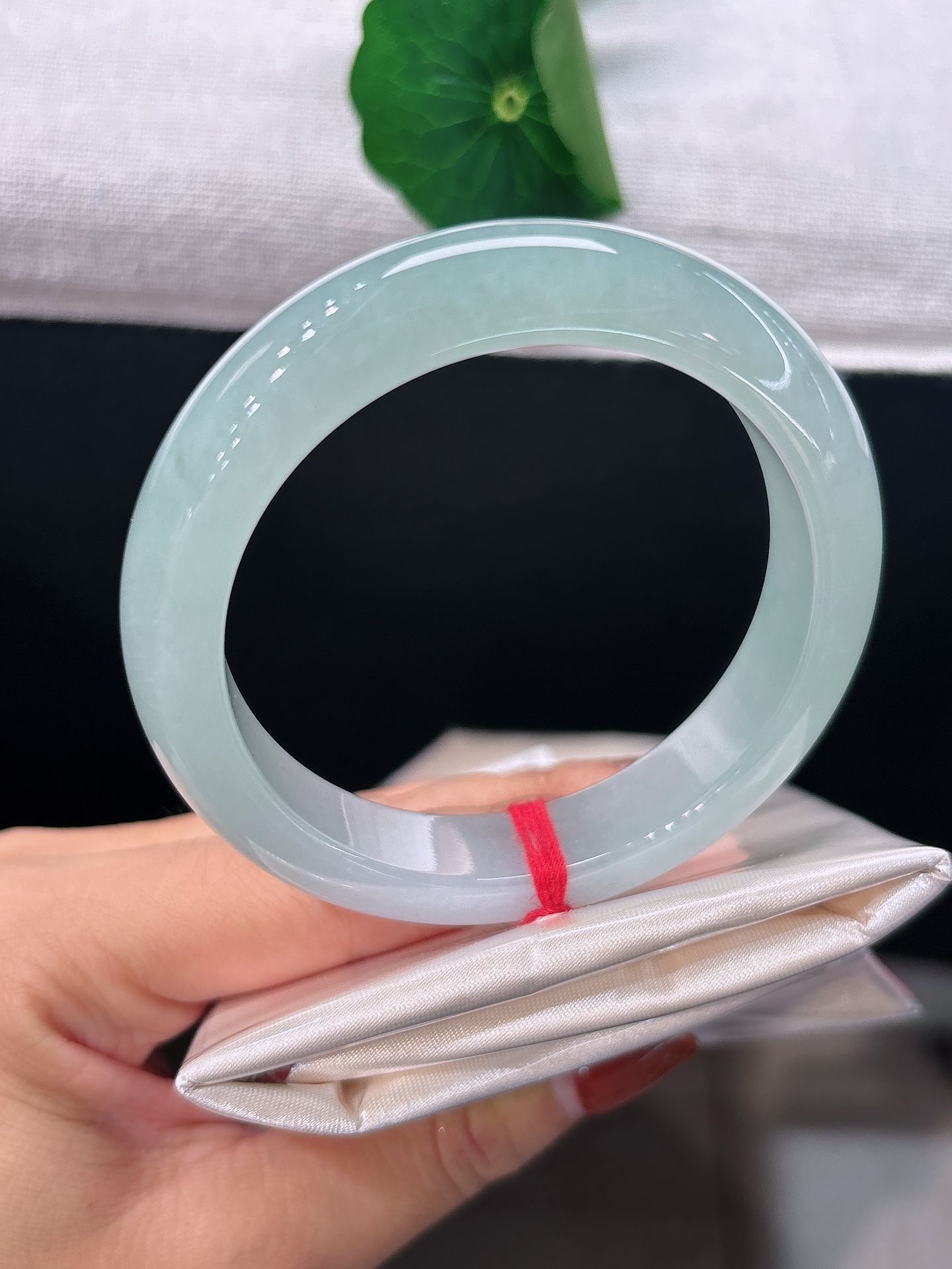 天然翡翠手镯，圈口54.4/12.5/9.1，正圈浅碧匀净，似一汪柔泉凝于腕间，清透温润，自带温婉气韵，无裂