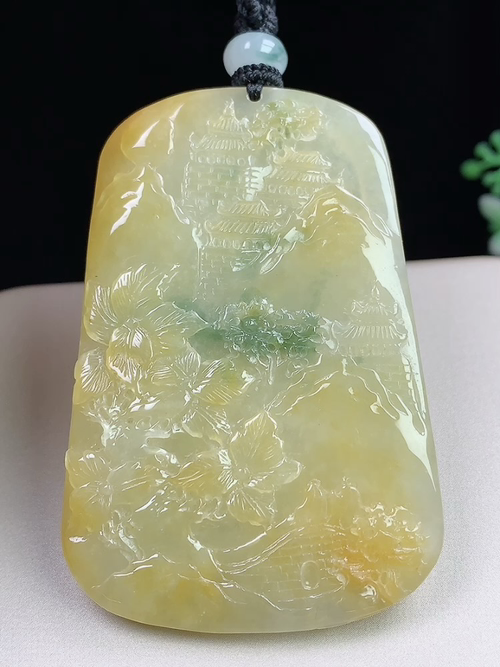 黄翡山水牌，无裂，尺寸62.3*42.2*5.3mm，S09ywg