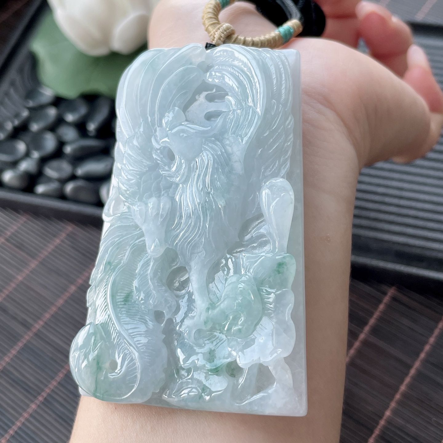 冰种飘花精工雕刻凤凰超大无事牌 YJ3-09-9 尺寸：75.1-48.2-12，75.1-48.2-12