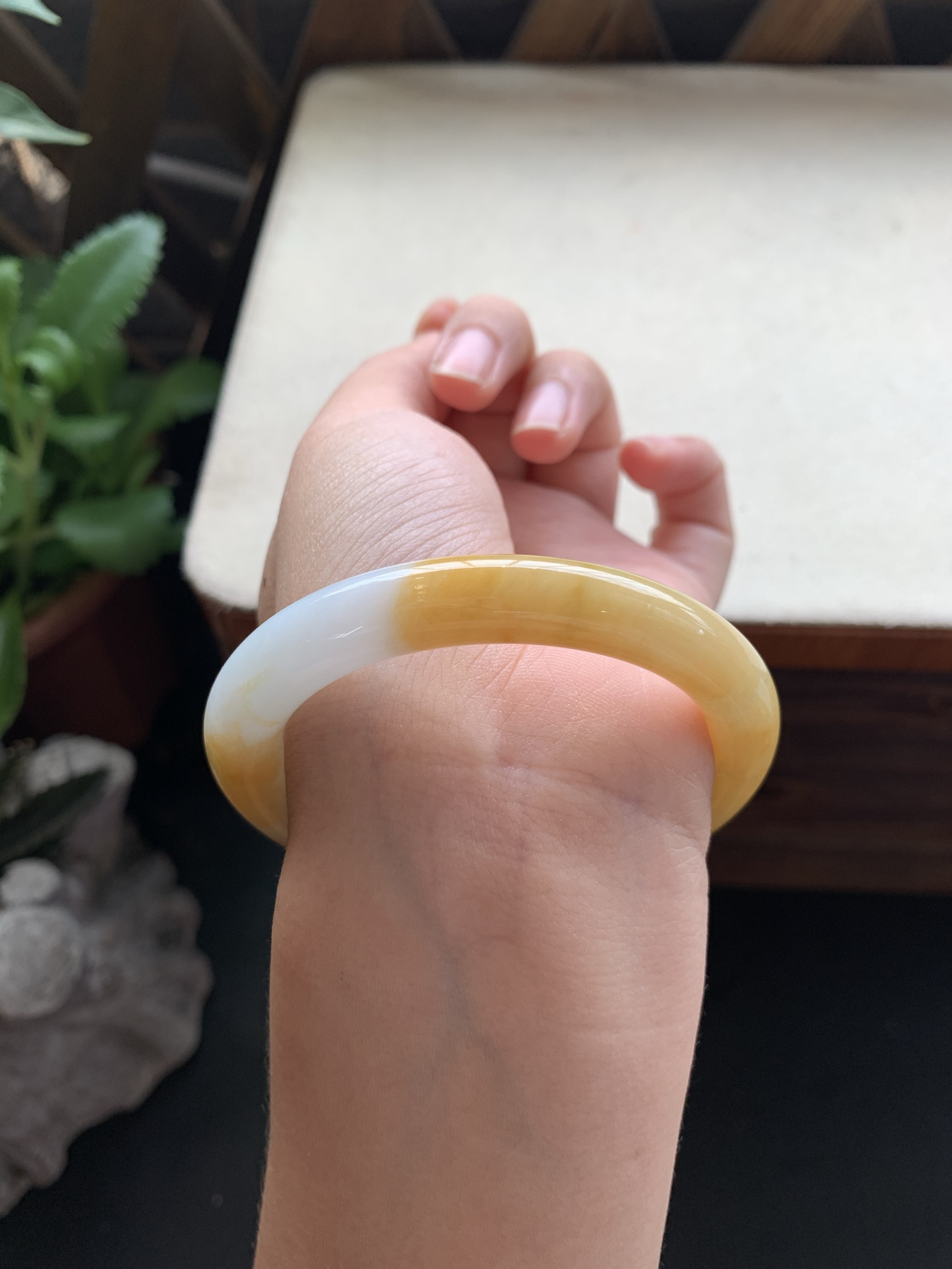 73，冰润细腻黄翡圆条手镯，圈口52.7-9.4-9.4，冰润细腻，种老肉细，水头好，颜色美，上手好看，清爽干净，特色好看，无裂，24小时鉴赏期，可退换