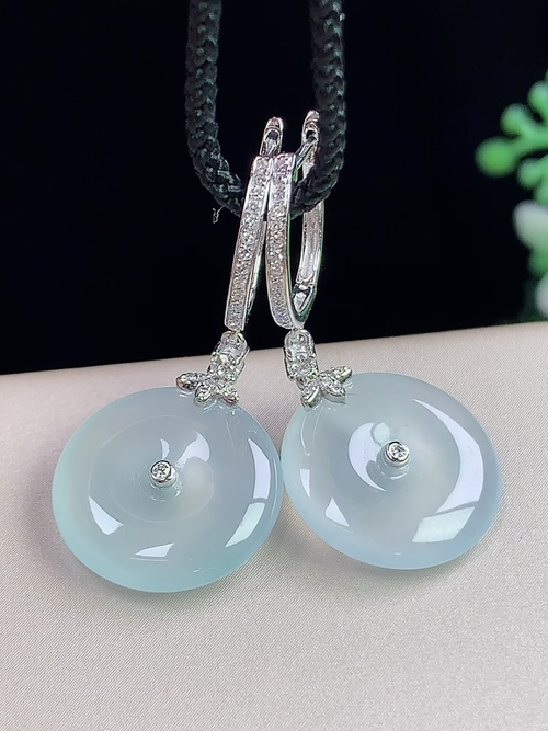 18k金镶冰种平安扣耳环，无裂，尺寸14.8*3.8mm，S09ytf