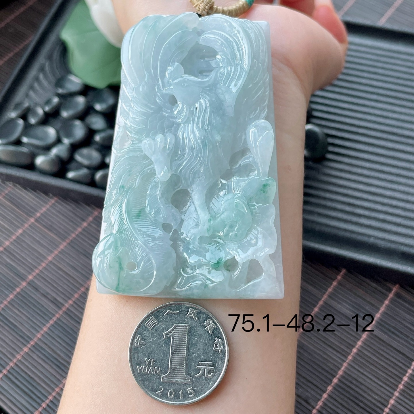 冰种飘花精工雕刻凤凰超大无事牌 YJ3-09-9 尺寸：75.1-48.2-12，75.1-48.2-12