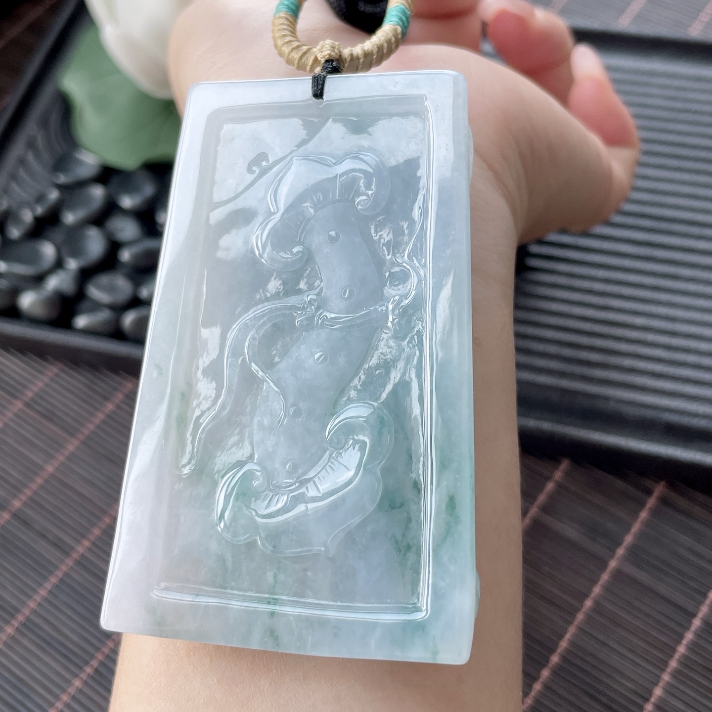 冰种飘花精工雕刻凤凰超大无事牌 YJ3-09-9 尺寸：75.1-48.2-12，75.1-48.2-12