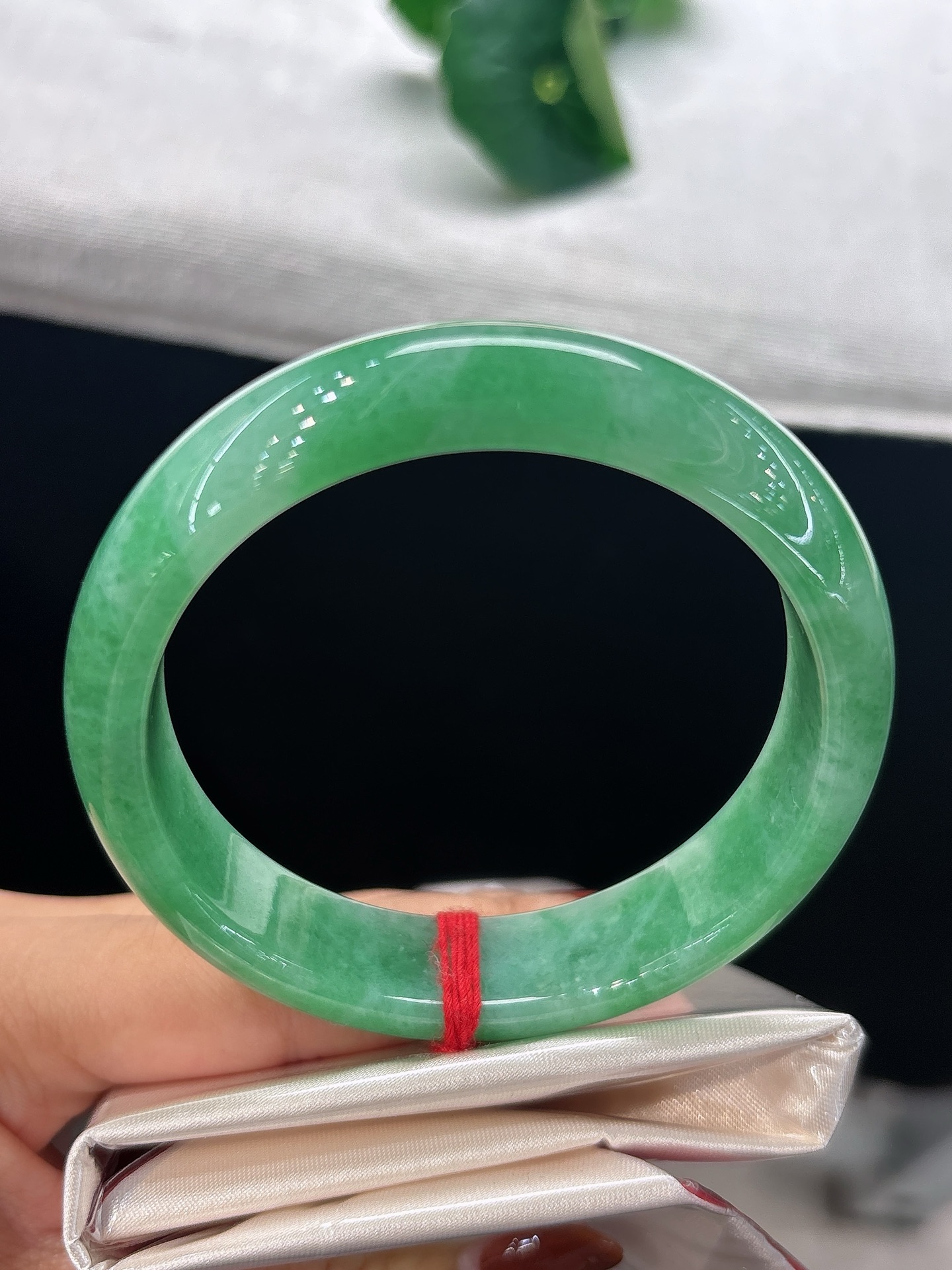 天然翡翠手镯，圈口57.8/14/8.3，正圈翠色悠然，恰似芳草染于玉肌，透着明媚雅致的风韵