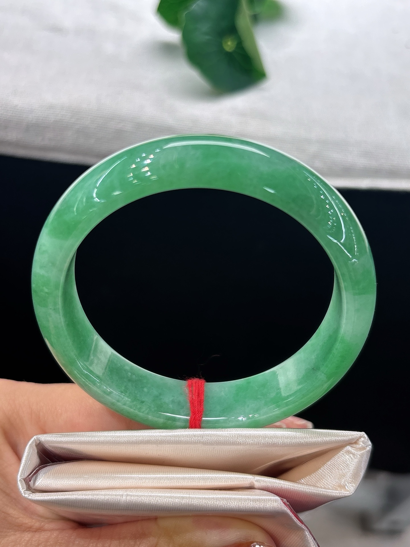 天然翡翠手镯，圈口57.8/14/8.3，正圈翠色悠然，恰似芳草染于玉肌，透着明媚雅致的风韵