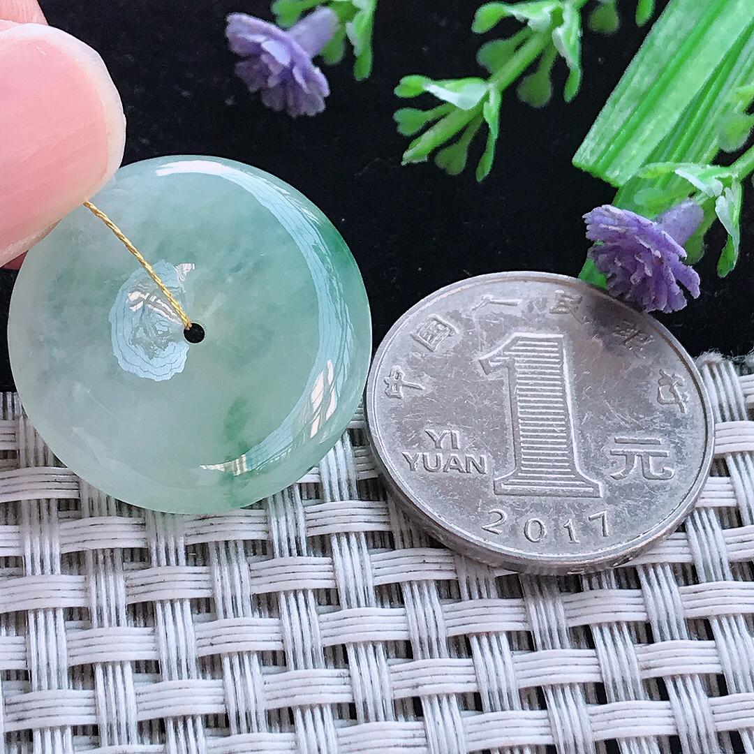 实拍A货翡翠24.7/6老坑冰胶晴底飘花平安扣吊坠翡翠玉牌挂件