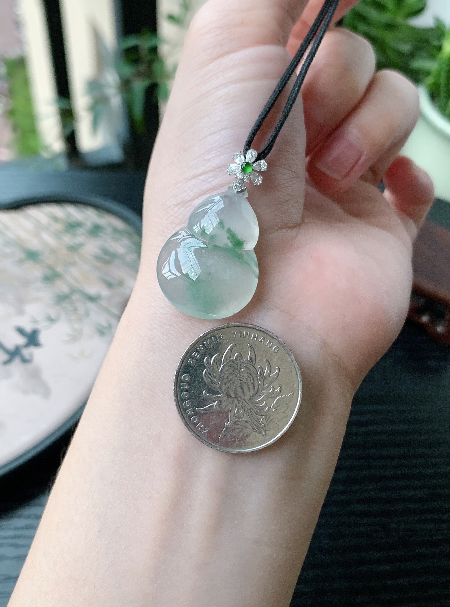 18k金镶嵌老坑冰种胶感飘蓝花葫芦吊坠 裸石尺寸:27-20-7.6mm