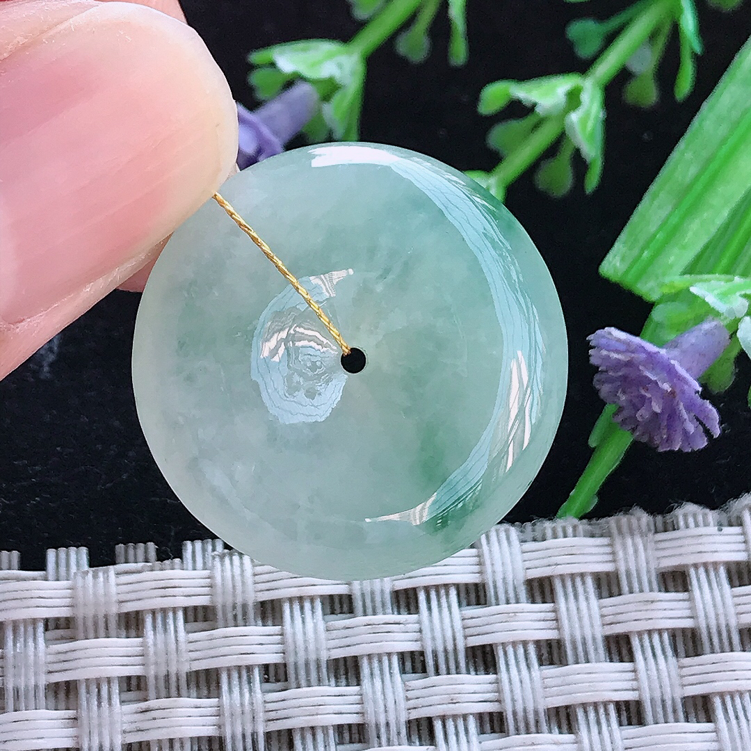实拍A货翡翠24.7/6老坑冰胶晴底飘花平安扣吊坠翡翠玉牌挂件