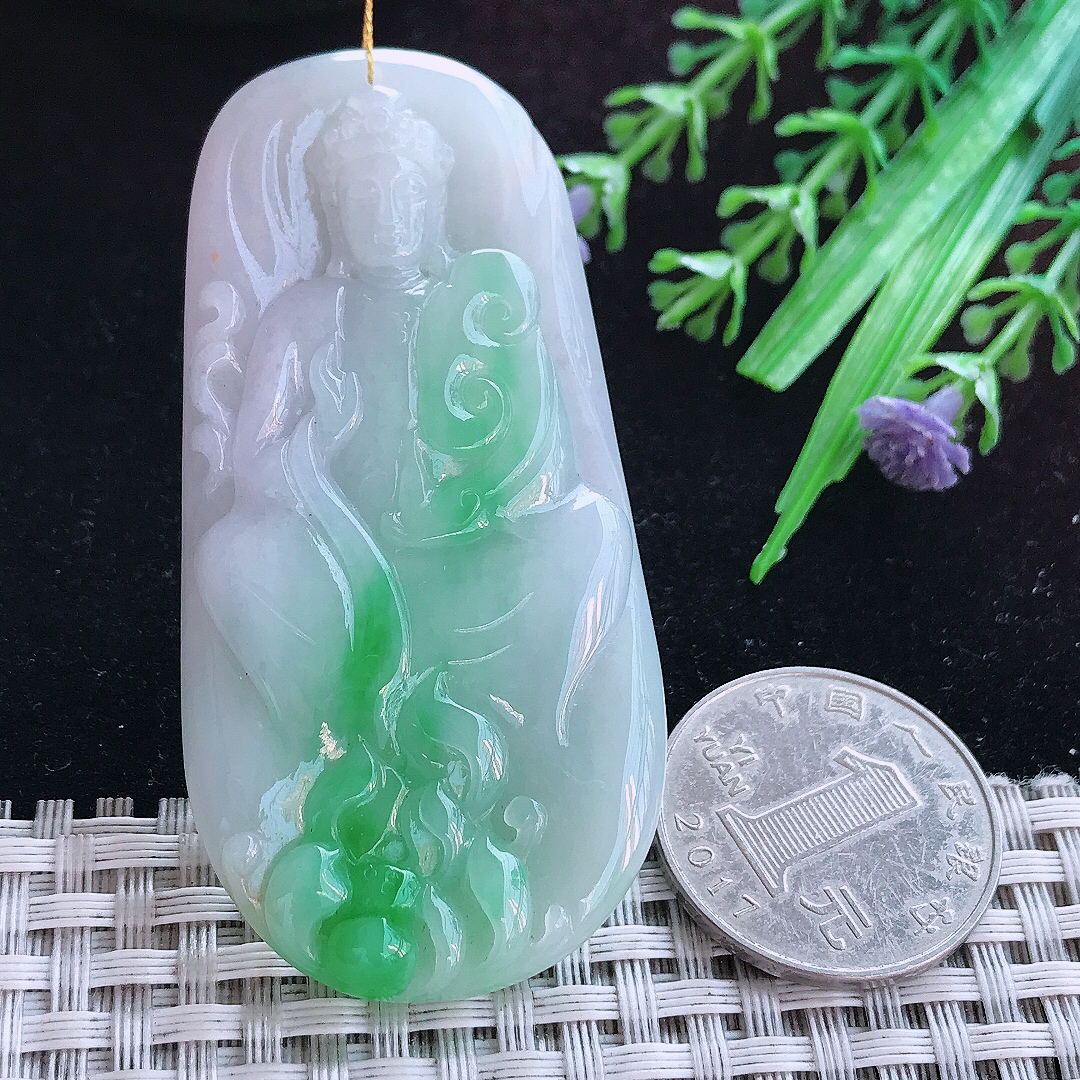 实拍A货翡翠65/32/6.6老坑冰润飘阳绿观音菩萨吊坠翡翠玉牌挂件