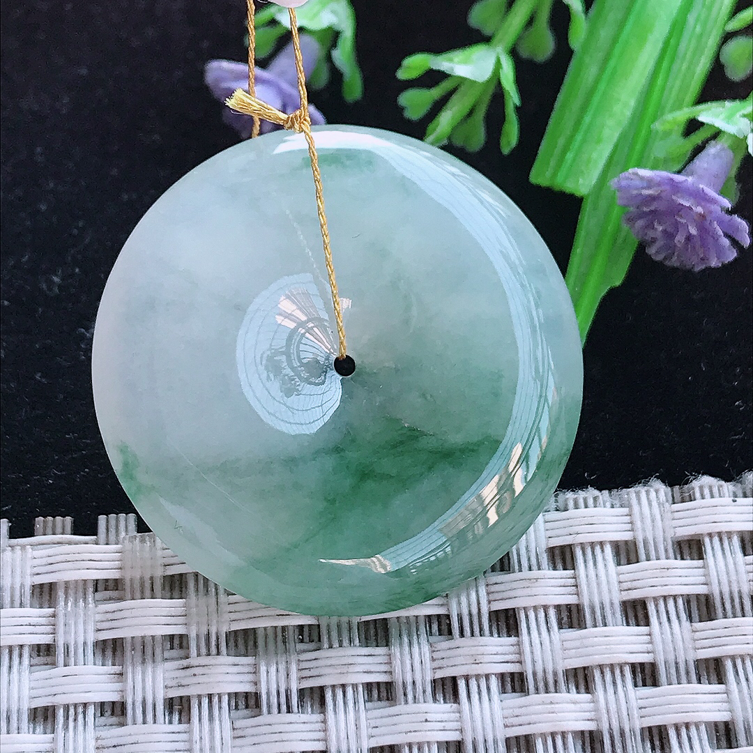 实拍A货翡翠31.6/5.8老坑冰润起胶飘花平安扣吊坠翡翠玉扣挂件