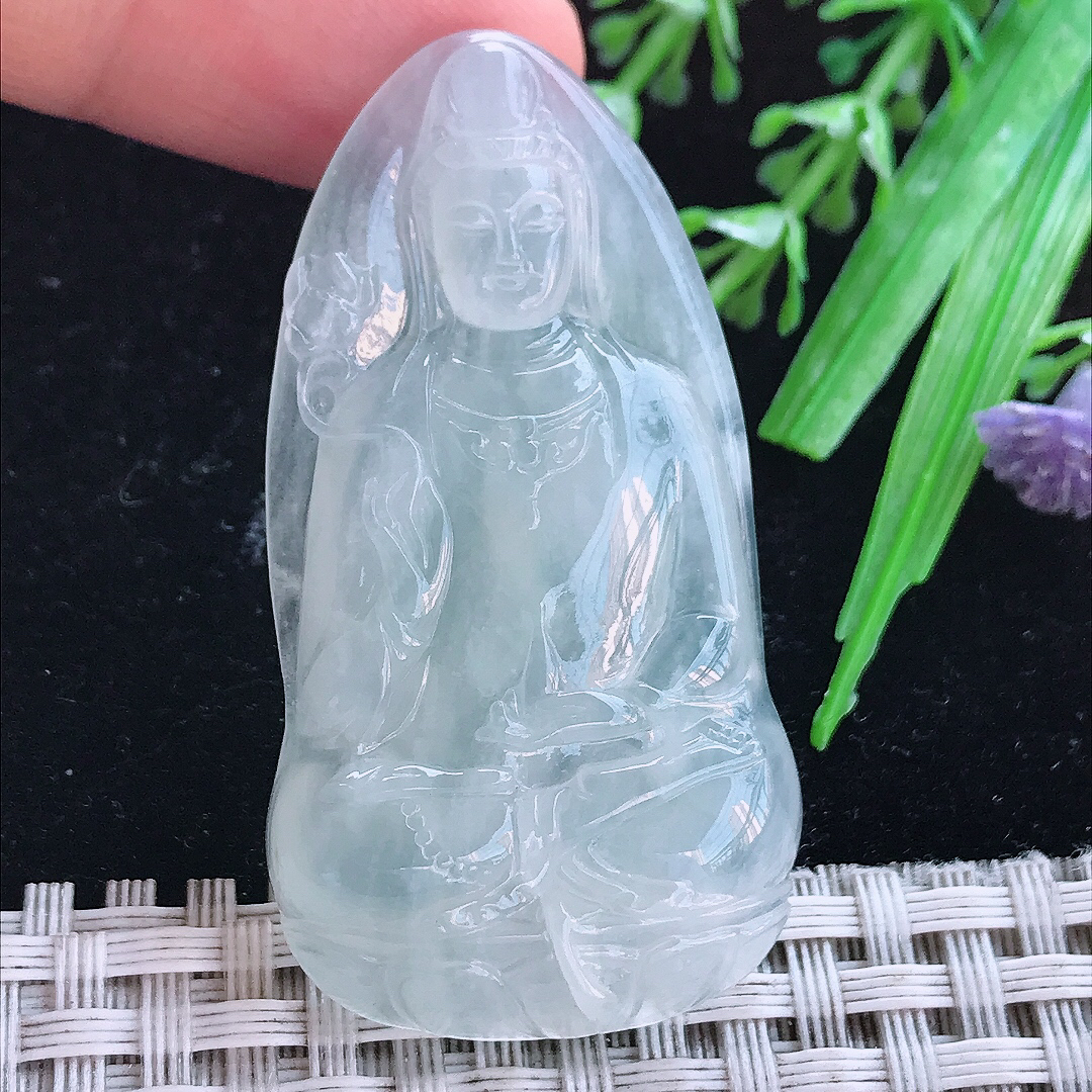 实拍A货翡翠51/27.3/6.3老坑冰透起胶素衣观音吊坠翡翠玉牌挂件