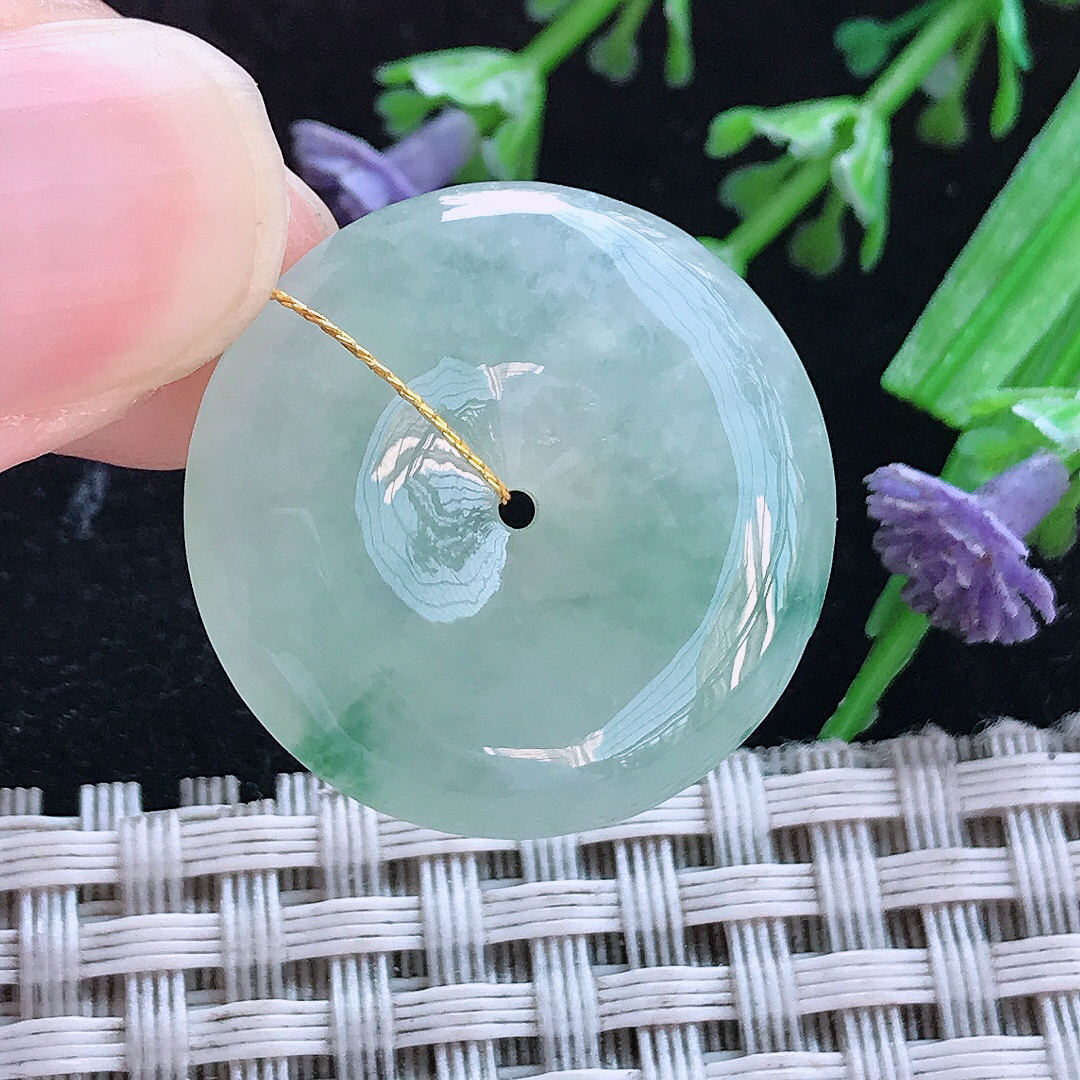 实拍A货翡翠24.7/6老坑冰胶晴底飘花平安扣吊坠翡翠玉牌挂件