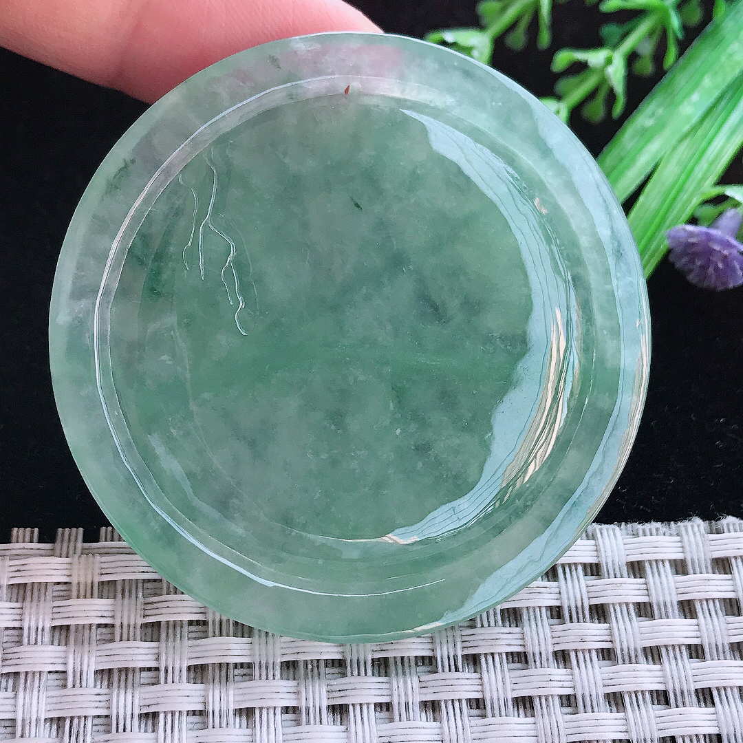 实拍A货翡翠54/6.8老坑冰胶果冻冰晴山水牌吊坠翡翠圆牌挂件