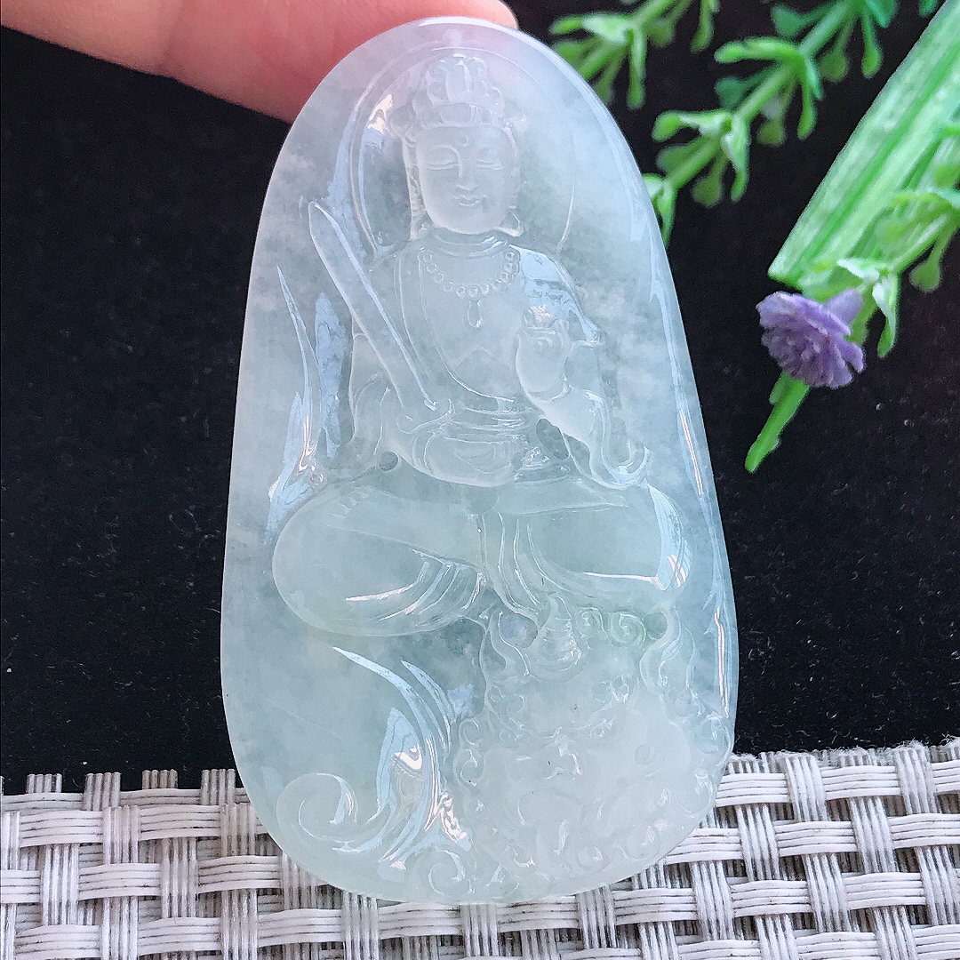 实拍A货翡翠63/36.5/5.6老坑冰透起胶文殊菩萨吊坠翡翠玉牌挂件