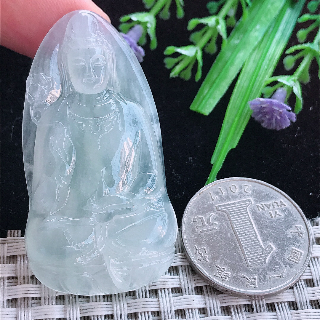 实拍A货翡翠51/27.3/6.3老坑冰透起胶素衣观音吊坠翡翠玉牌挂件