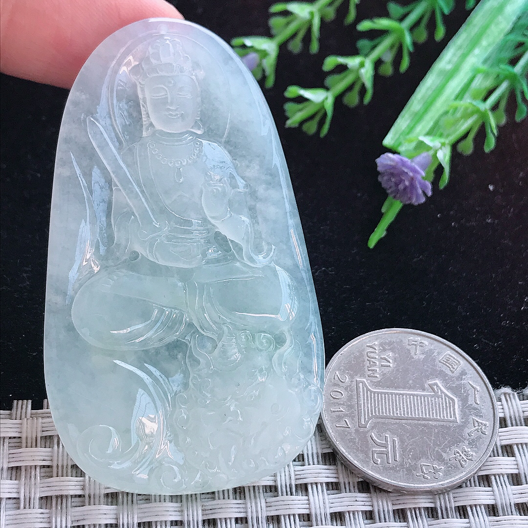实拍A货翡翠63/36.5/5.6老坑冰透起胶文殊菩萨吊坠翡翠玉牌挂件