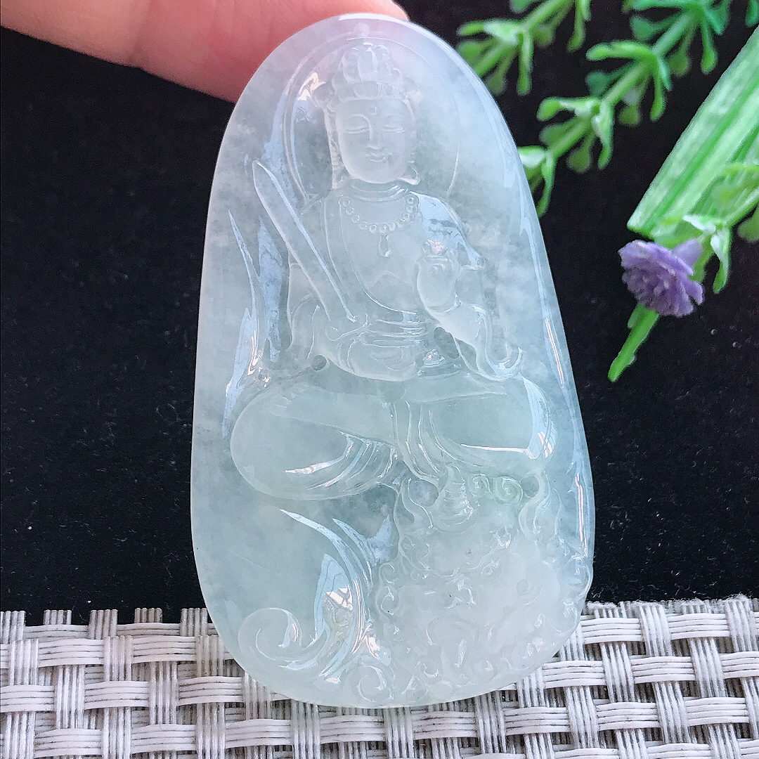 实拍A货翡翠63/36.5/5.6老坑冰透起胶文殊菩萨吊坠翡翠玉牌挂件