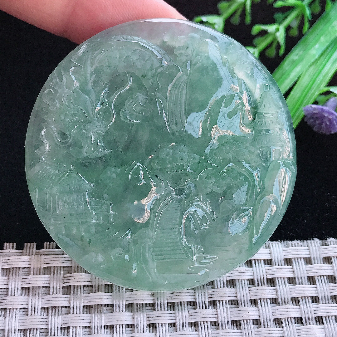 实拍A货翡翠54/6.8老坑冰胶果冻冰晴山水牌吊坠翡翠圆牌挂件