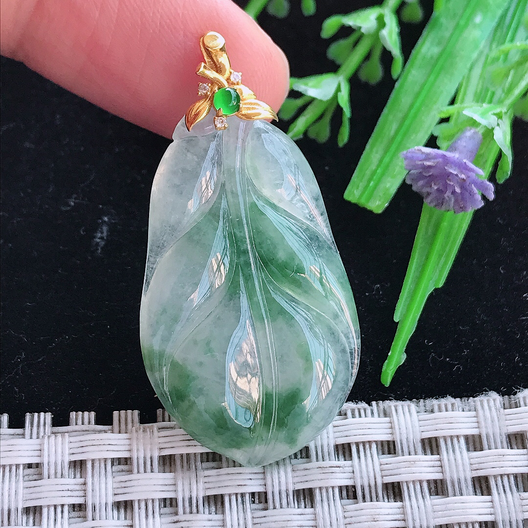 实拍A货翡翠34.5/20.5/4老坑18k金镶嵌冰飘花叶子吊坠翡翠玉牌挂件