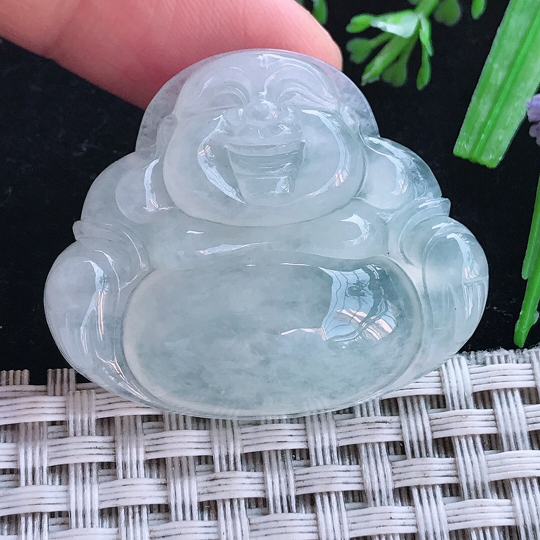 实拍A货翡翠32.3/38.7/8老坑冰透起胶白月光佛公吊坠翡翠玉佛挂件