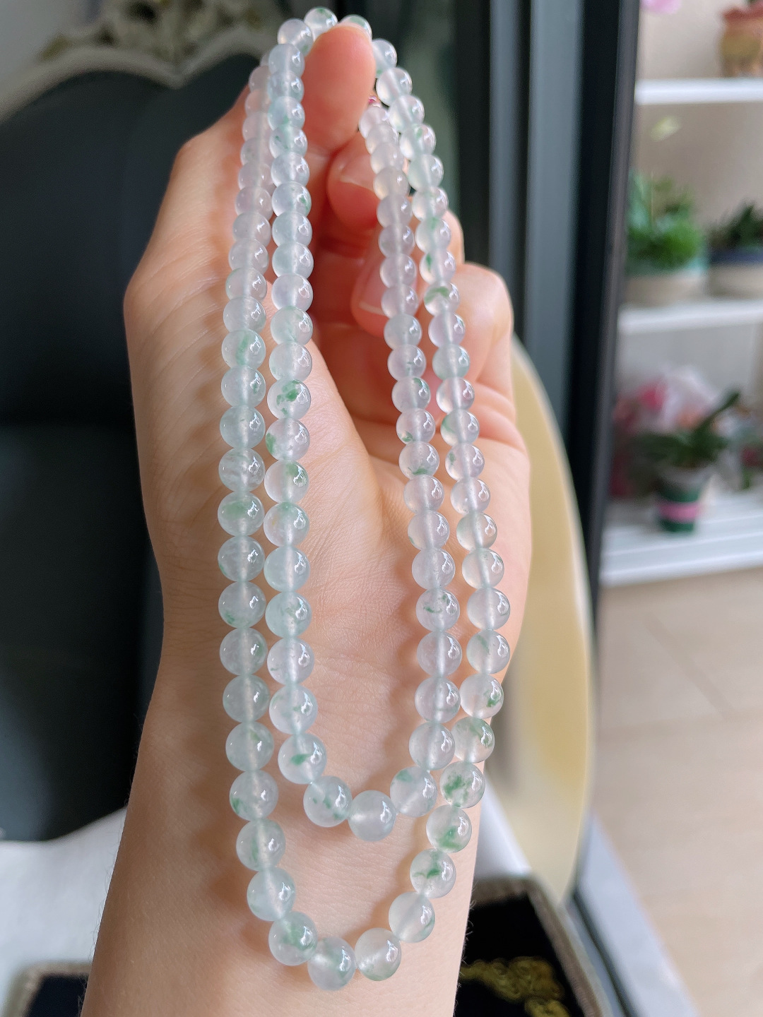 缅甸天然翡翠A货，冰飘花项链，尺寸：6mm98颗。【编4077】