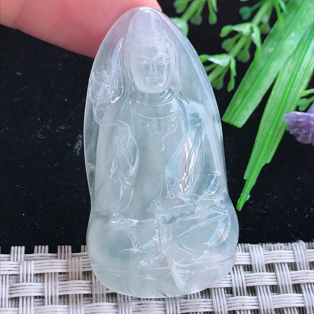 实拍A货翡翠51/27.3/6.3老坑冰透起胶素衣观音吊坠翡翠玉牌挂件
