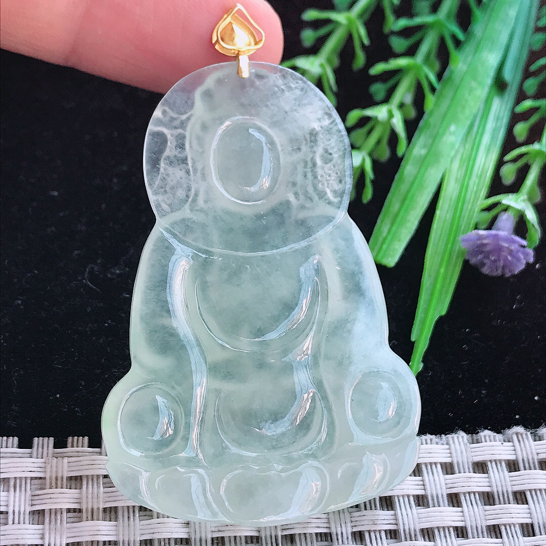 实拍A货翡翠54/38/5.8老坑18k金镶嵌冰种晴底观音吊坠翡翠玉牌挂件