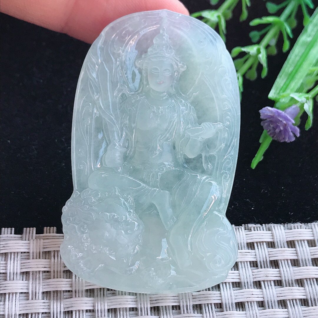 实拍A货翡翠55/34/5.6老坑冰胶水灵冰晴文殊菩萨吊坠翡翠玉牌挂件