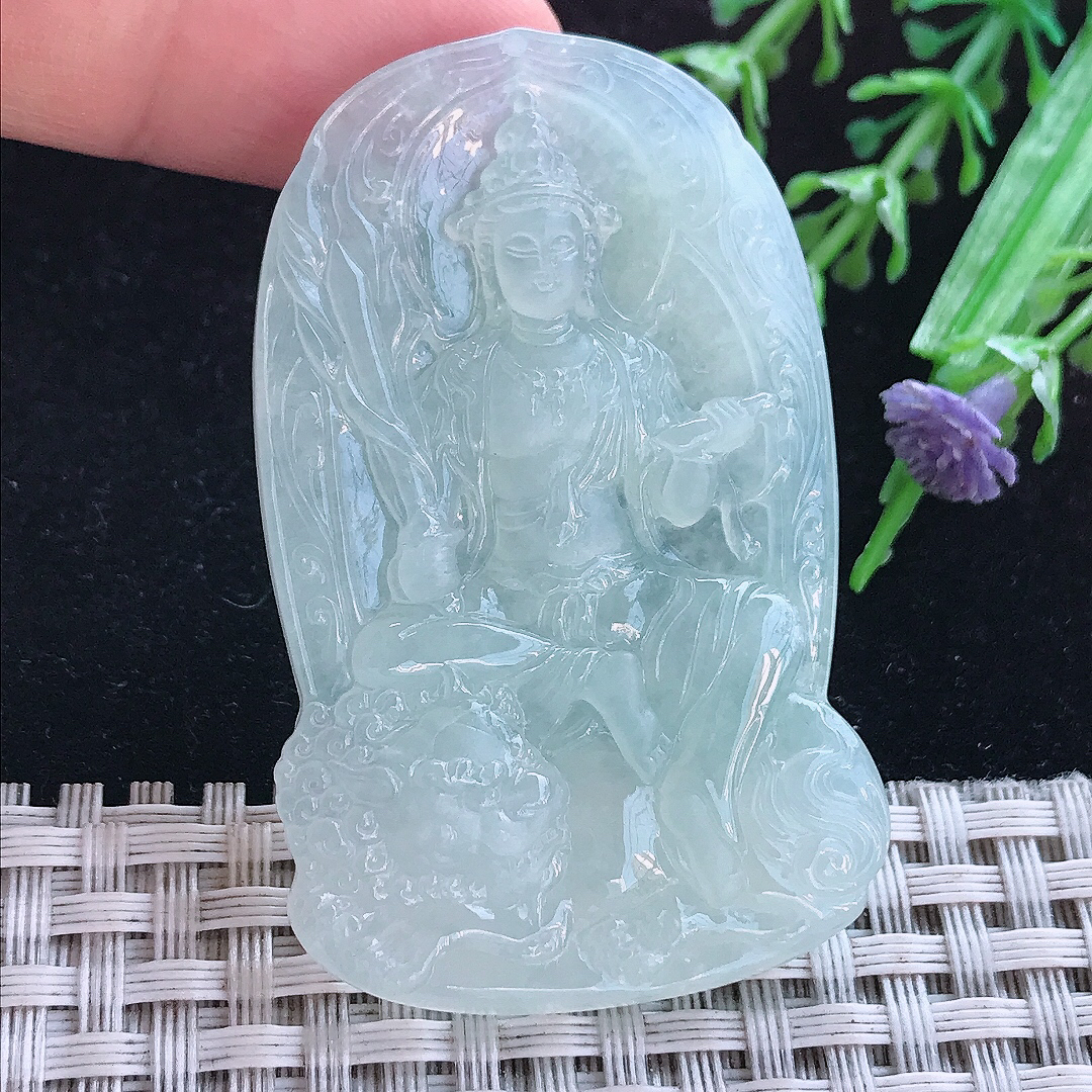 实拍A货翡翠55/34/5.6老坑冰胶水灵冰晴文殊菩萨吊坠翡翠玉牌挂件