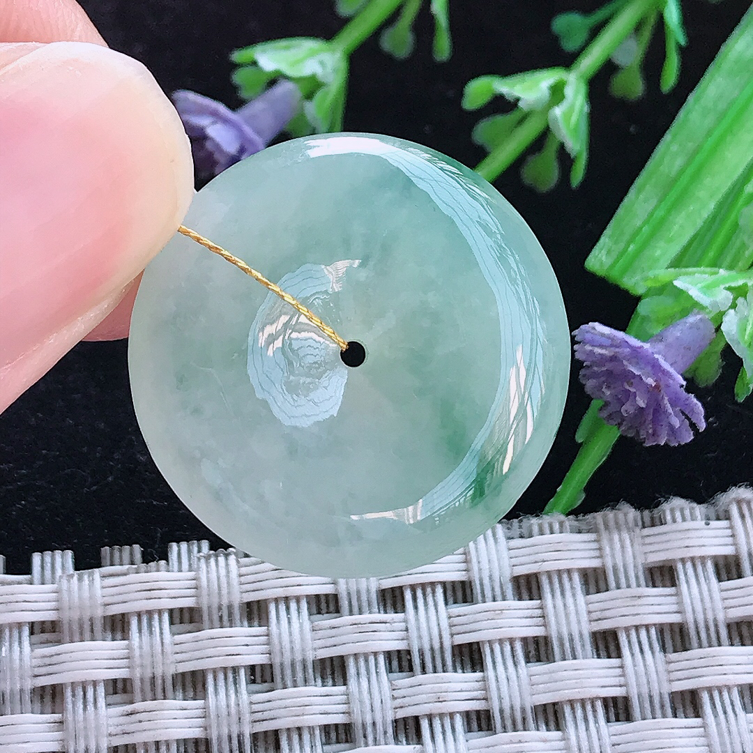 实拍A货翡翠24.7/6老坑冰胶晴底飘花平安扣吊坠翡翠玉牌挂件
