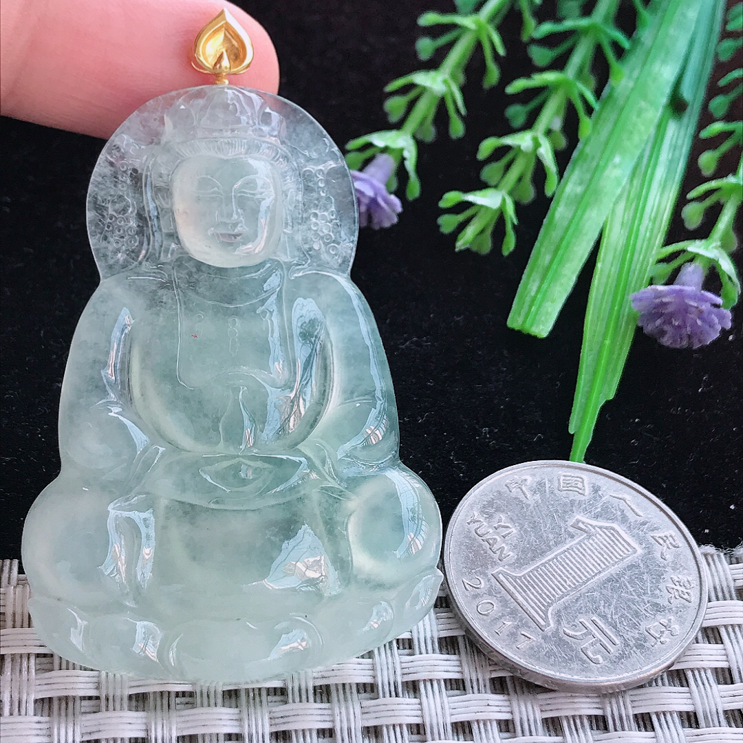 实拍A货翡翠54/38/5.8老坑18k金镶嵌冰种晴底观音吊坠翡翠玉牌挂件