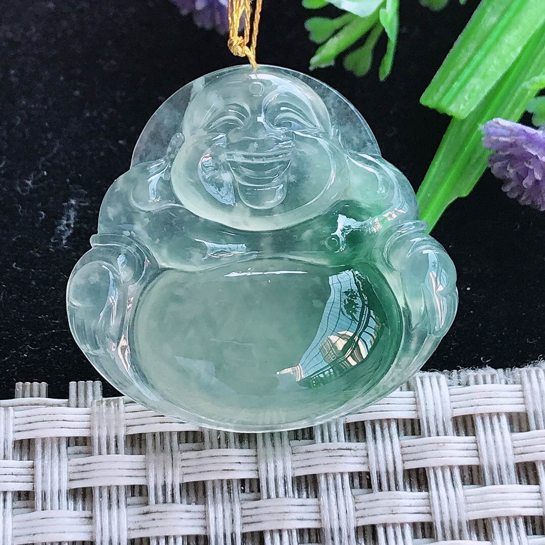 实拍A货翡翠28/29.5/6.1老坑冰种冰飘花佛公吊坠翡翠玉佛挂件