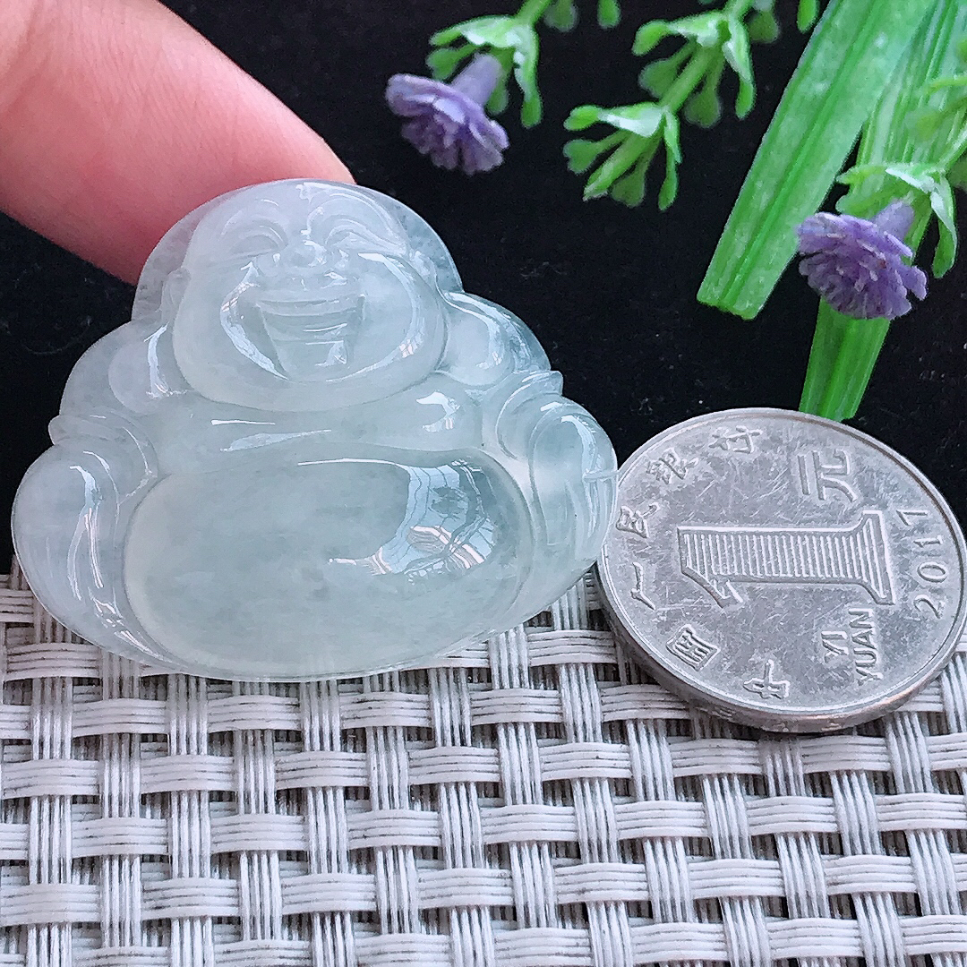 实拍A货翡翠32.3/38.7/8老坑冰透起胶白月光佛公吊坠翡翠玉佛挂件