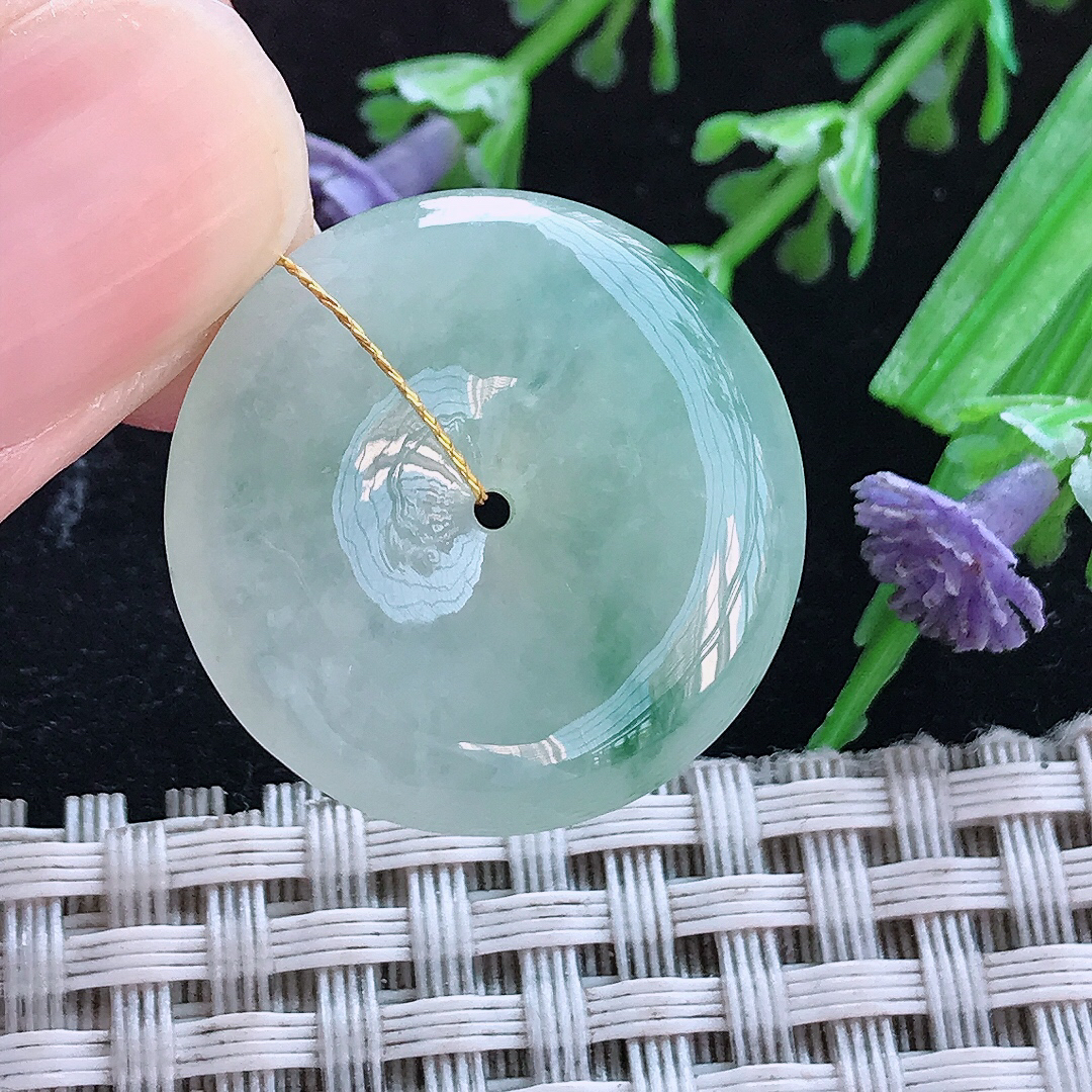 实拍A货翡翠24.7/6老坑冰胶晴底飘花平安扣吊坠翡翠玉牌挂件