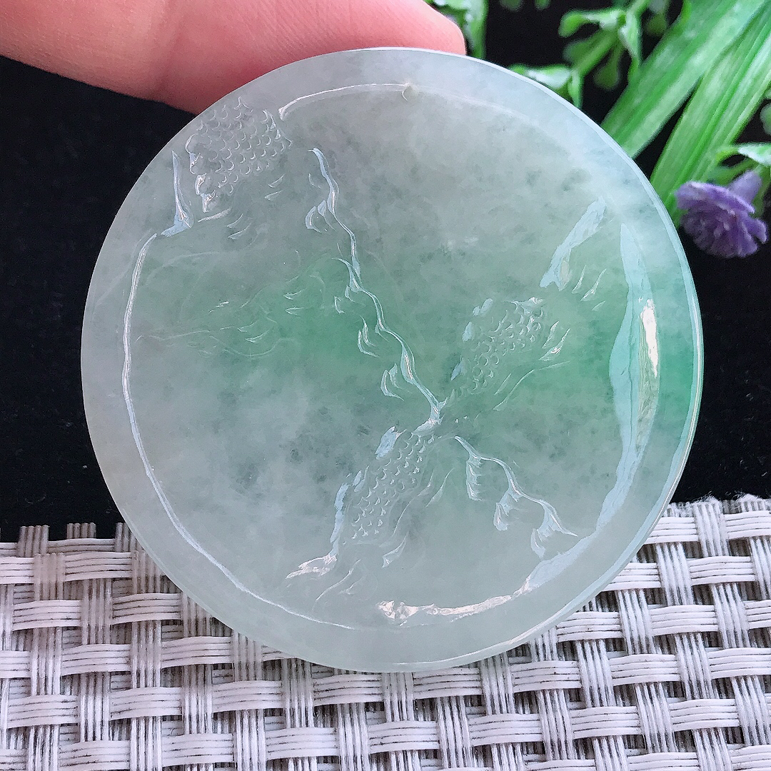 实拍A货翡翠50.6/4.9老坑冰胶晴绿山水牌吊坠翡翠圆牌挂件