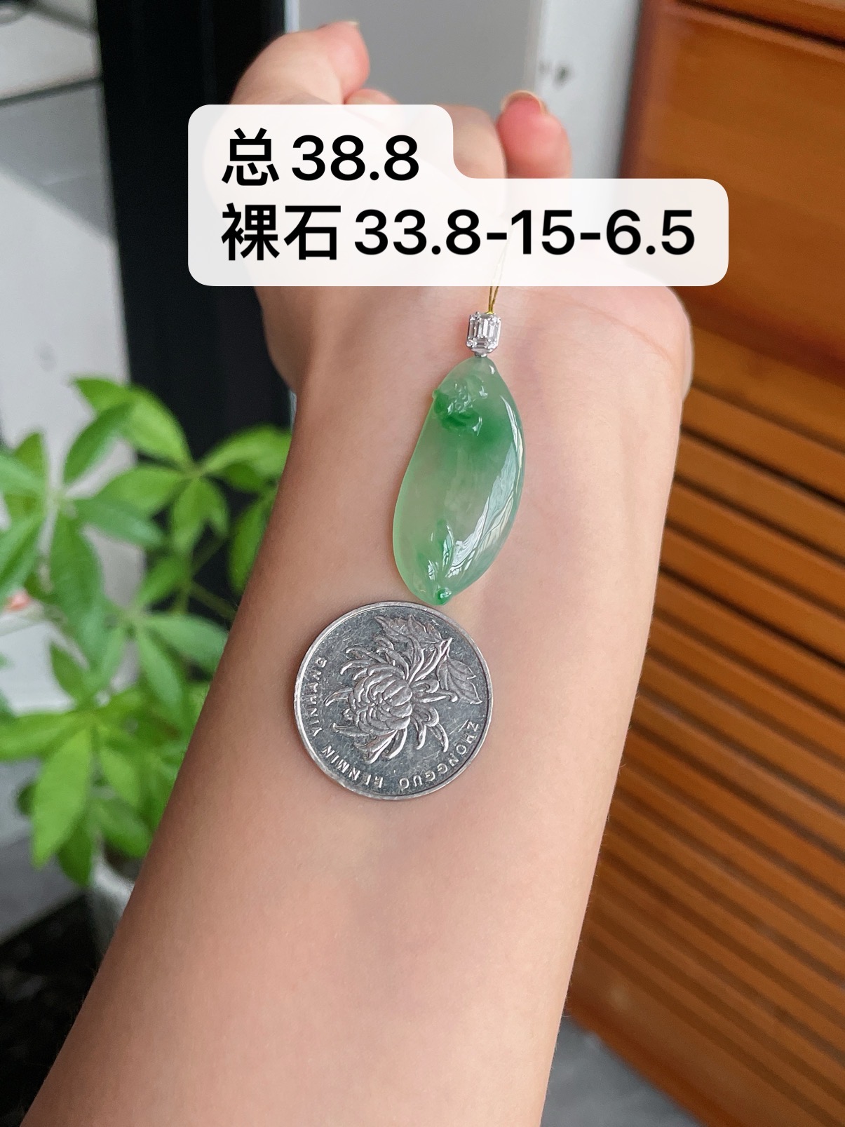 18k金扣冰种胶润起荧飘阳荷花鱼, 总38.8mm 裸石33.8-15-6.5mm S48，33.8-15-6.5