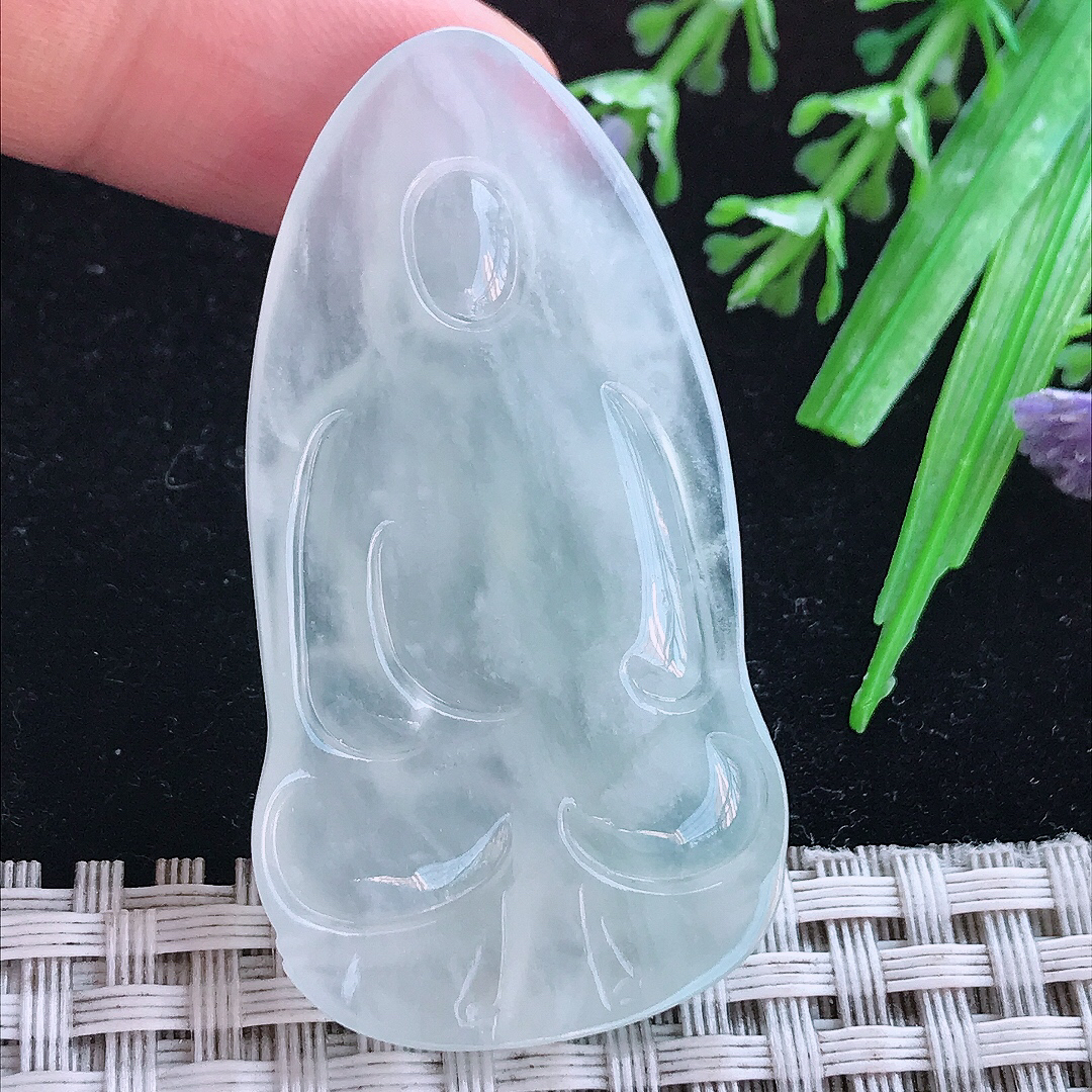 实拍A货翡翠51/27.3/6.3老坑冰透起胶素衣观音吊坠翡翠玉牌挂件