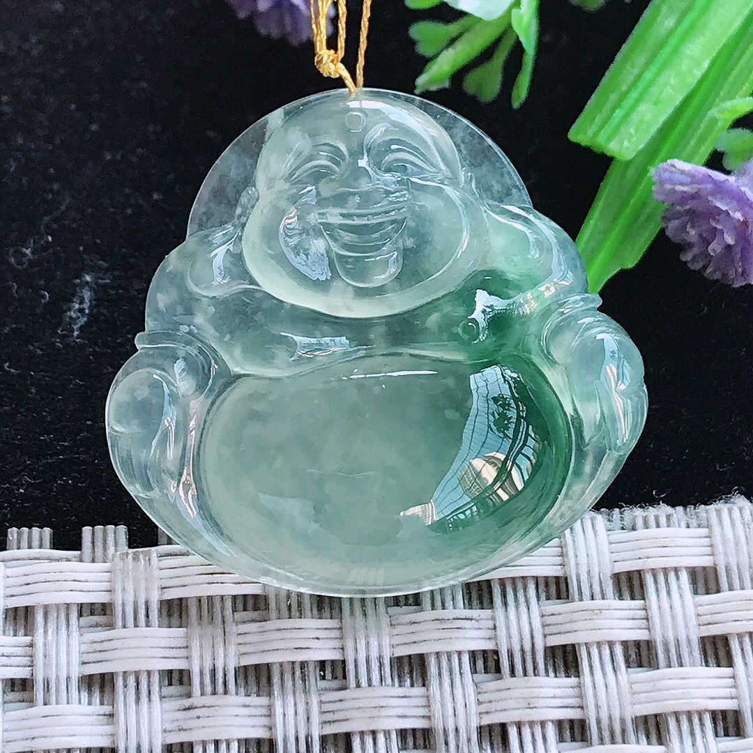 实拍A货翡翠28/29.5/6.1老坑冰种冰飘花佛公吊坠翡翠玉佛挂件