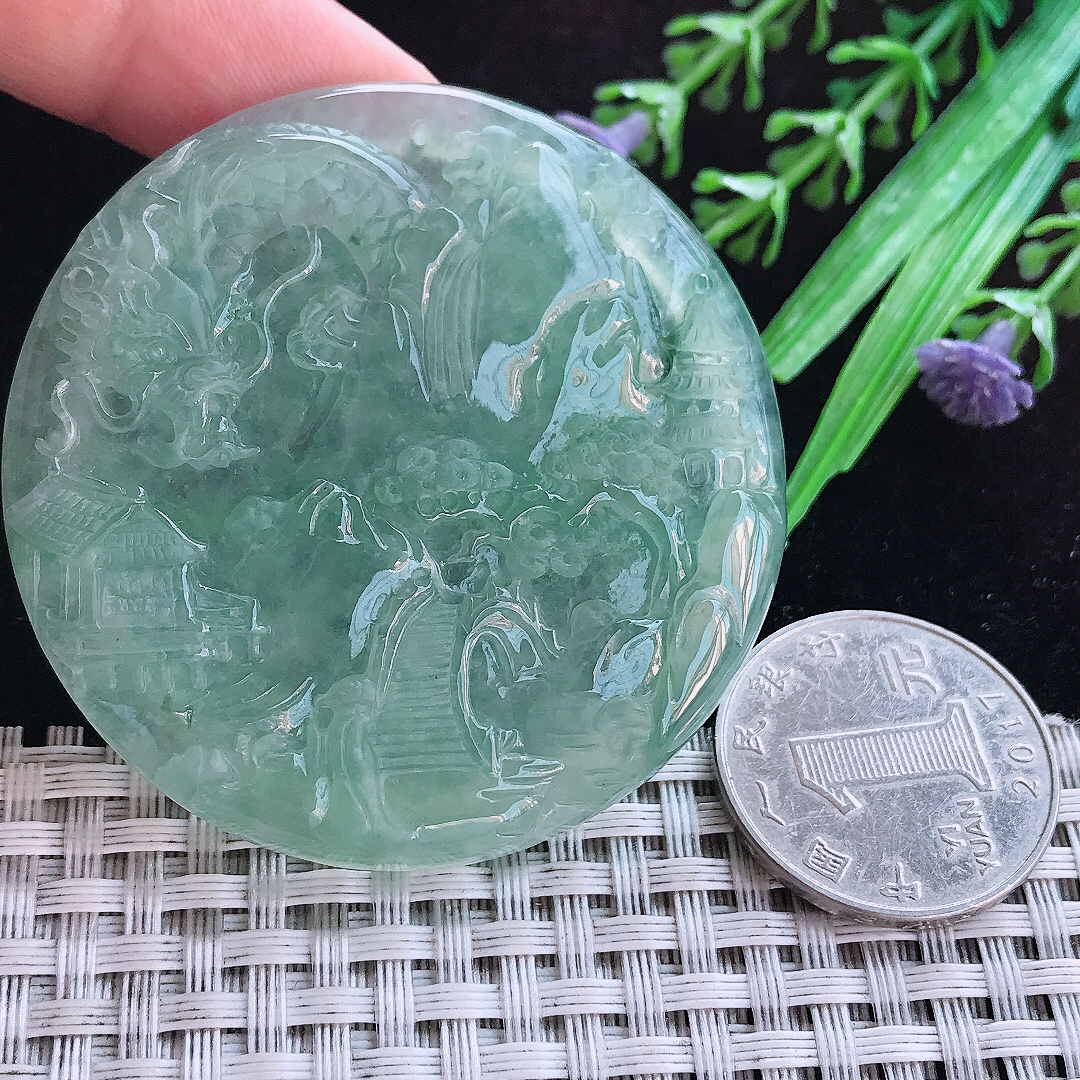 实拍A货翡翠54/6.8老坑冰胶果冻冰晴山水牌吊坠翡翠圆牌挂件
