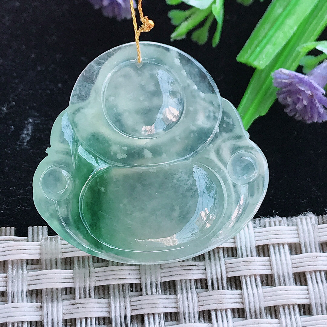 实拍A货翡翠28/29.5/6.1老坑冰种冰飘花佛公吊坠翡翠玉佛挂件