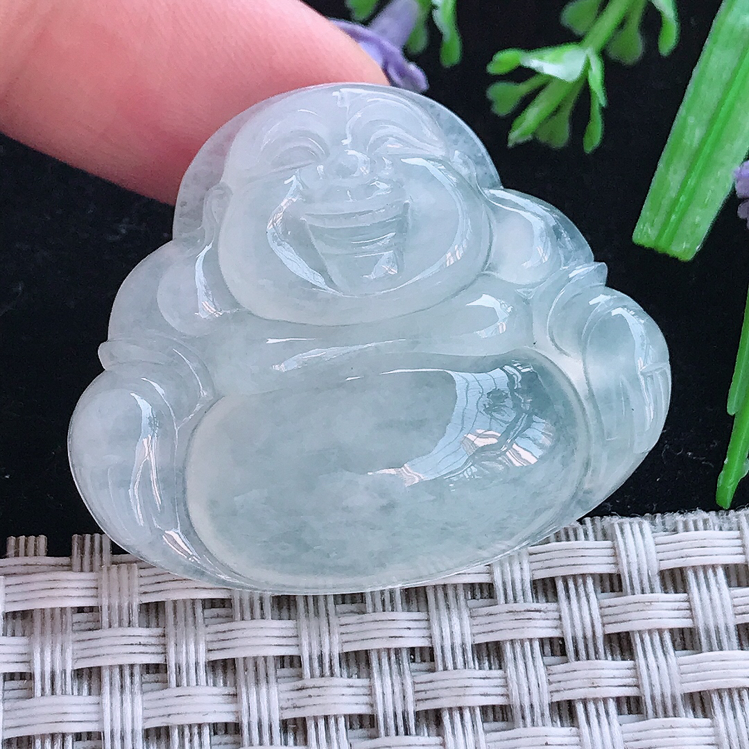 实拍A货翡翠32.3/38.7/8老坑冰透起胶白月光佛公吊坠翡翠玉佛挂件