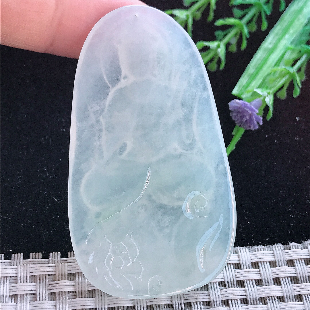 实拍A货翡翠63/36.5/5.6老坑冰透起胶文殊菩萨吊坠翡翠玉牌挂件