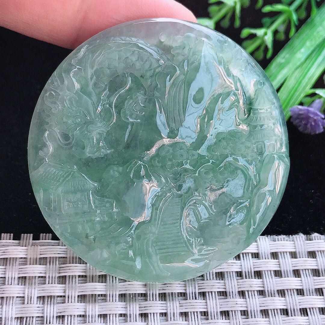 实拍A货翡翠54/6.8老坑冰胶果冻冰晴山水牌吊坠翡翠圆牌挂件