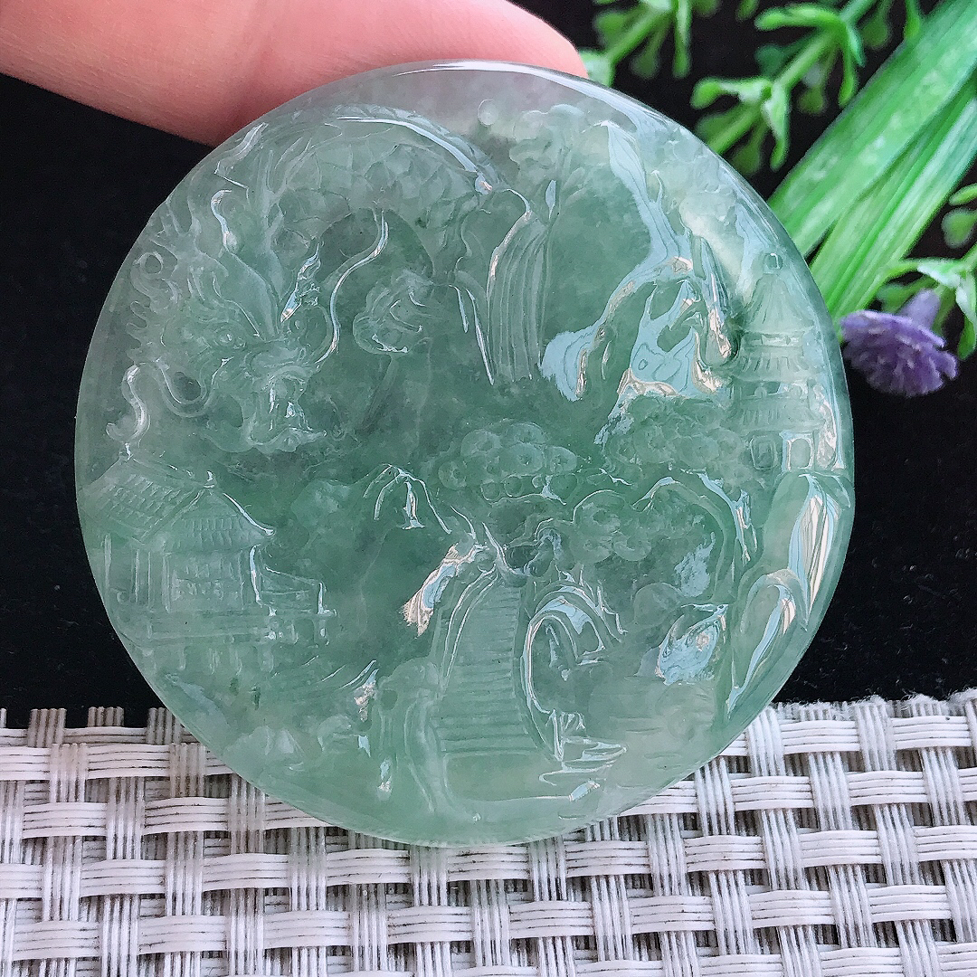 实拍A货翡翠54/6.8老坑冰胶果冻冰晴山水牌吊坠翡翠圆牌挂件