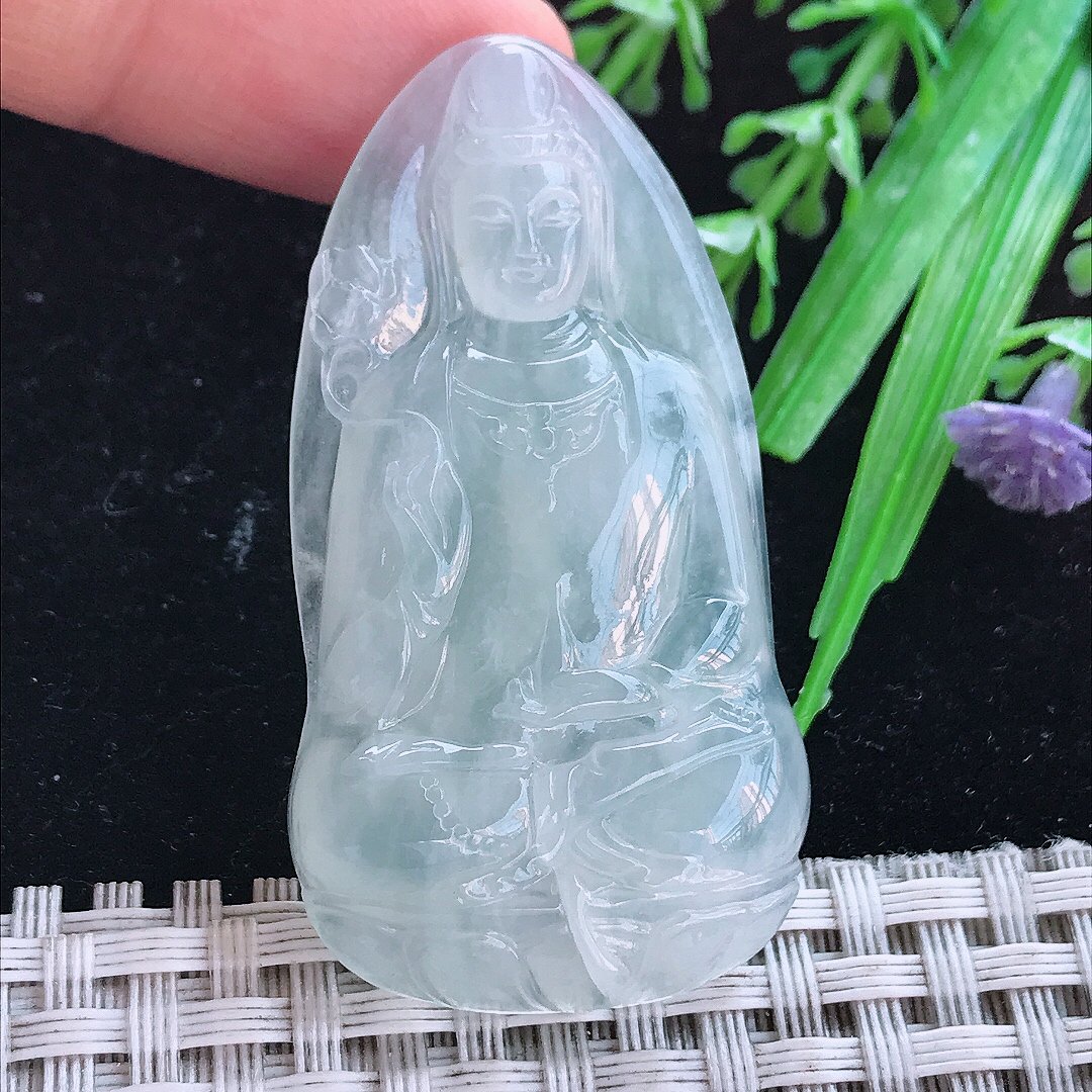 实拍A货翡翠51/27.3/6.3老坑冰透起胶素衣观音吊坠翡翠玉牌挂件