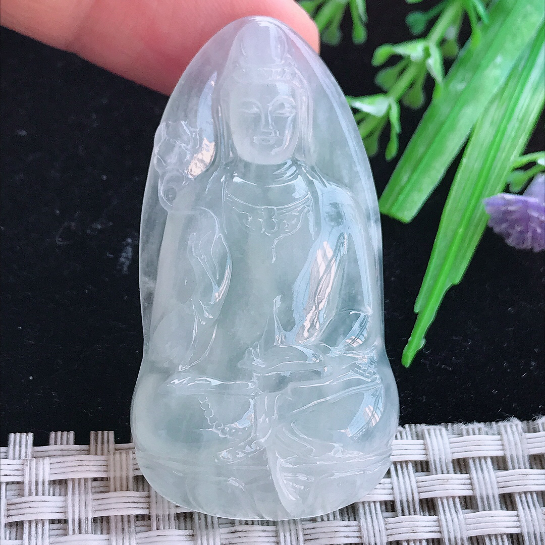 实拍A货翡翠51/27.3/6.3老坑冰透起胶素衣观音吊坠翡翠玉牌挂件
