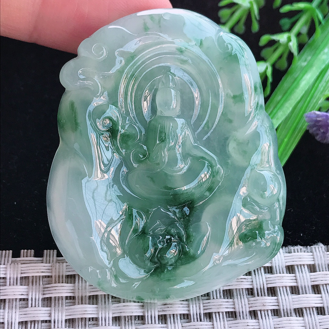 实拍A货翡翠52.8/44/5老坑冰胶果冻冰飘花无相观音吊坠翡翠玉观音挂件