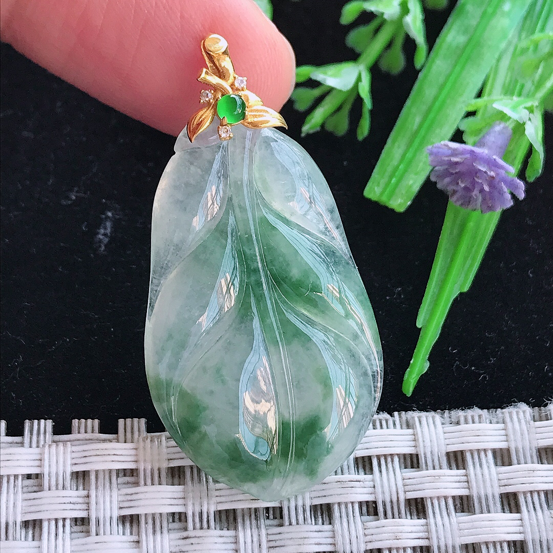 实拍A货翡翠34.5/20.5/4老坑18k金镶嵌冰飘花叶子吊坠翡翠玉牌挂件