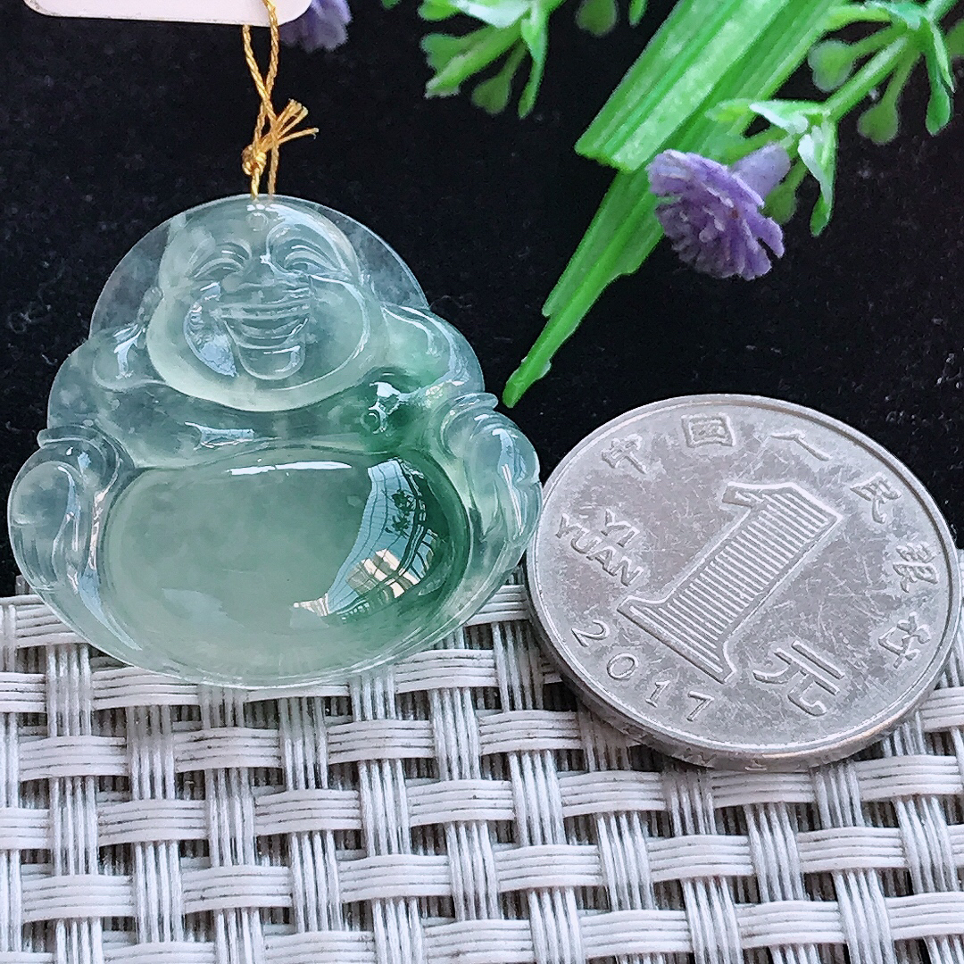 实拍A货翡翠28/29.5/6.1老坑冰种冰飘花佛公吊坠翡翠玉佛挂件